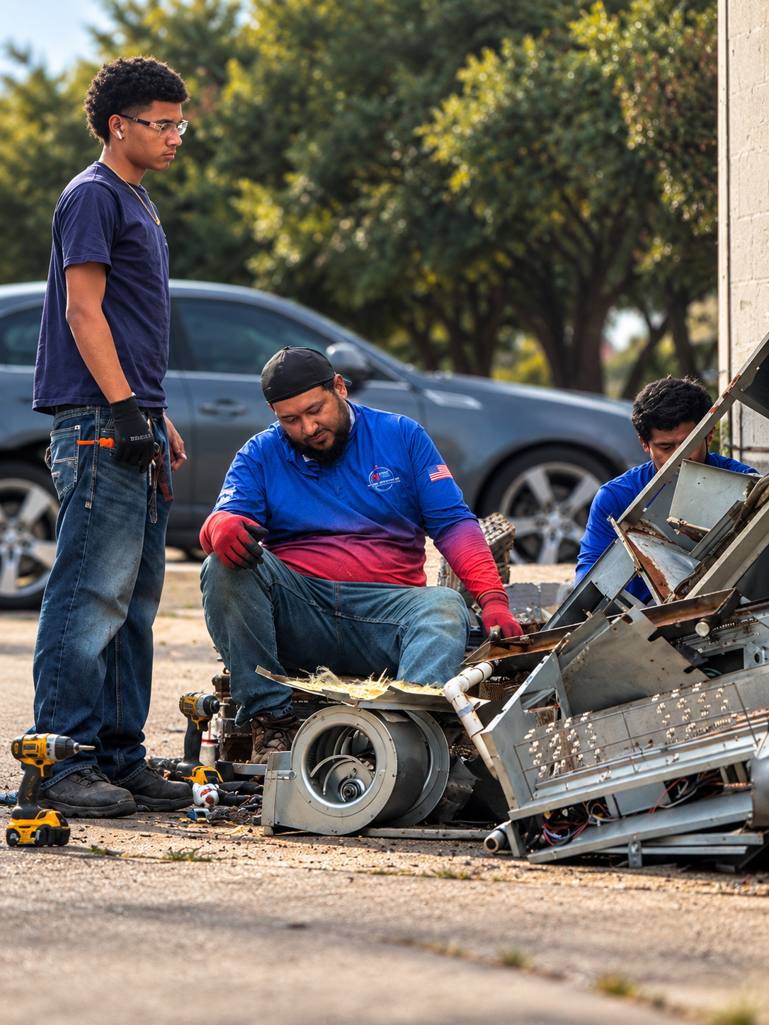 Team members working with disassembled HVAC equipment outdoors